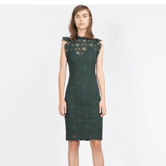 Zara Dresses & Skirts - ZARA  green jewel tone lace midi high neck holiday party dress small